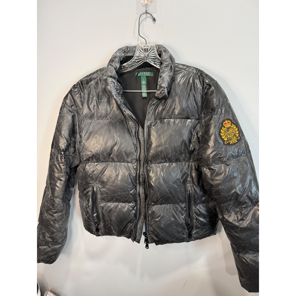 Lauren Ralph Lauren Womens Puffer Jacket Black Distressed Metallic Crest Large